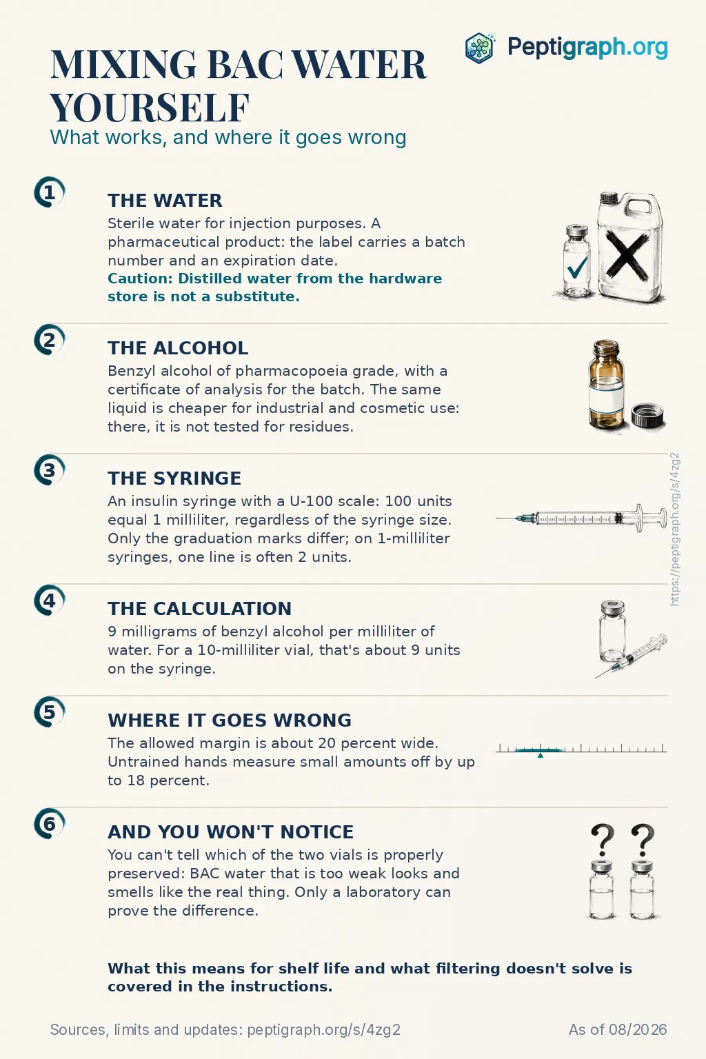 Shareable overview: mixing BAC water yourself in six points, from sterile water through alcohol, syringe and calculation to why you would not notice a mistake. The same points are described in full in the text on this page.