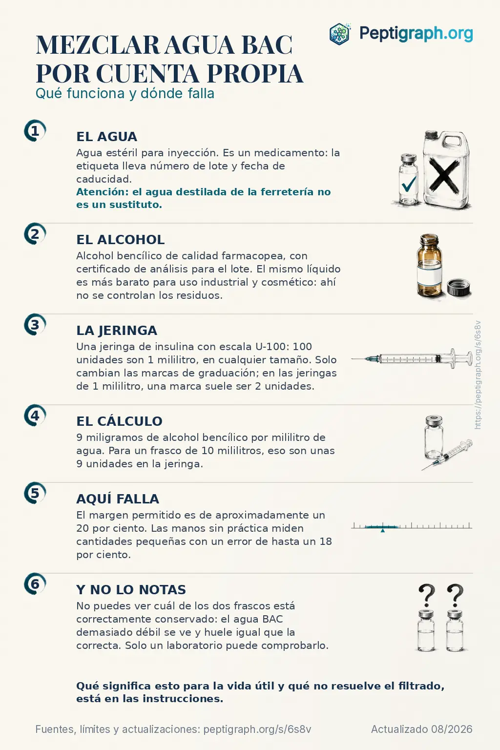 Resumen para compartir: mezclar agua BAC por cuenta propia en seis puntos, desde el agua estéril hasta el alcohol, la jeringa y el cálculo, y por qué no notarías un error. Los mismos puntos se explican en detalle en el texto de esta página.