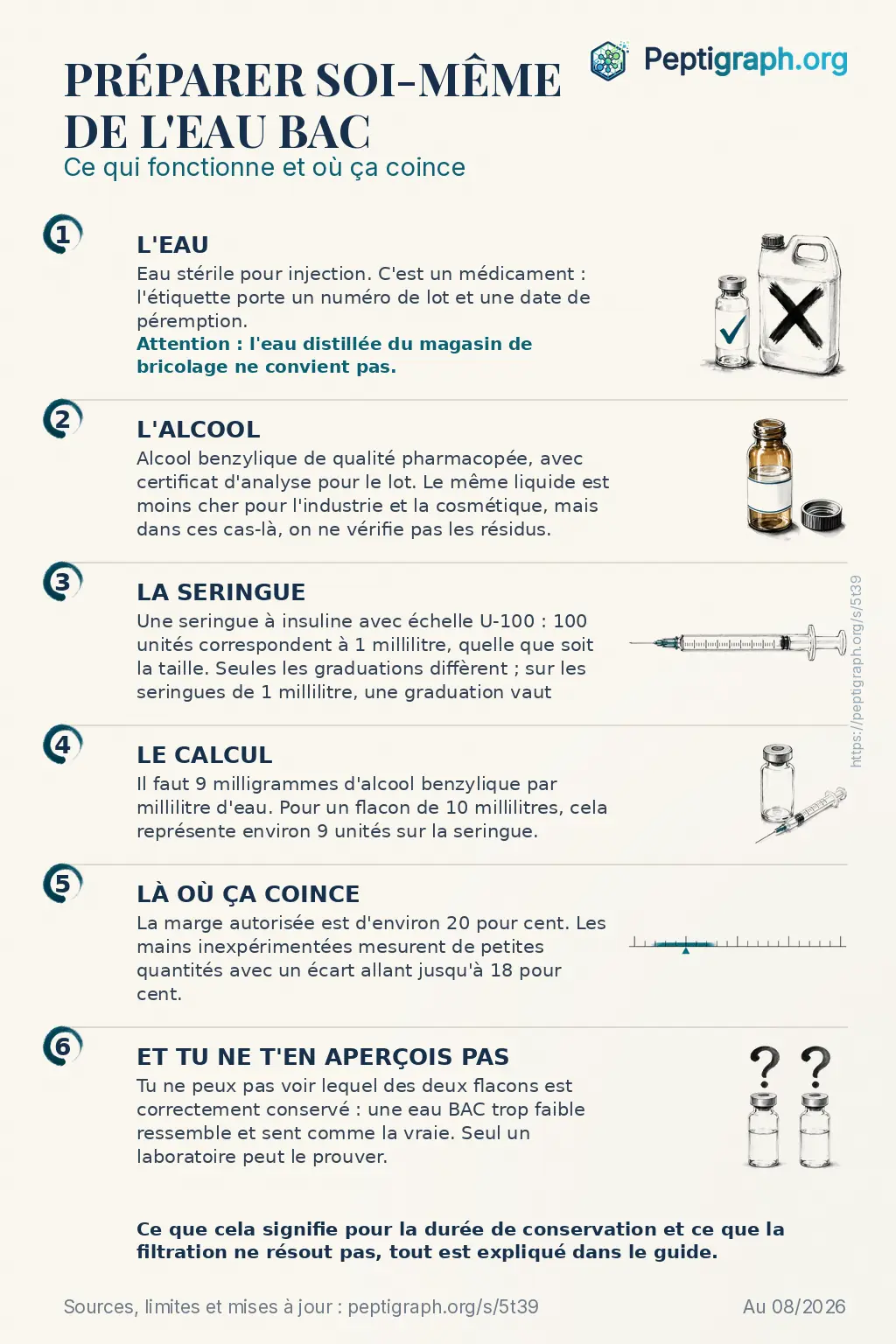 Aperçu partageable : préparer soi-même de l’eau BAC en six points, de l’eau stérile à l’alcool, la seringue et le calcul, jusqu’à la raison pour laquelle tu ne remarques pas une erreur. Les mêmes points sont détaillés dans le texte de cette page.