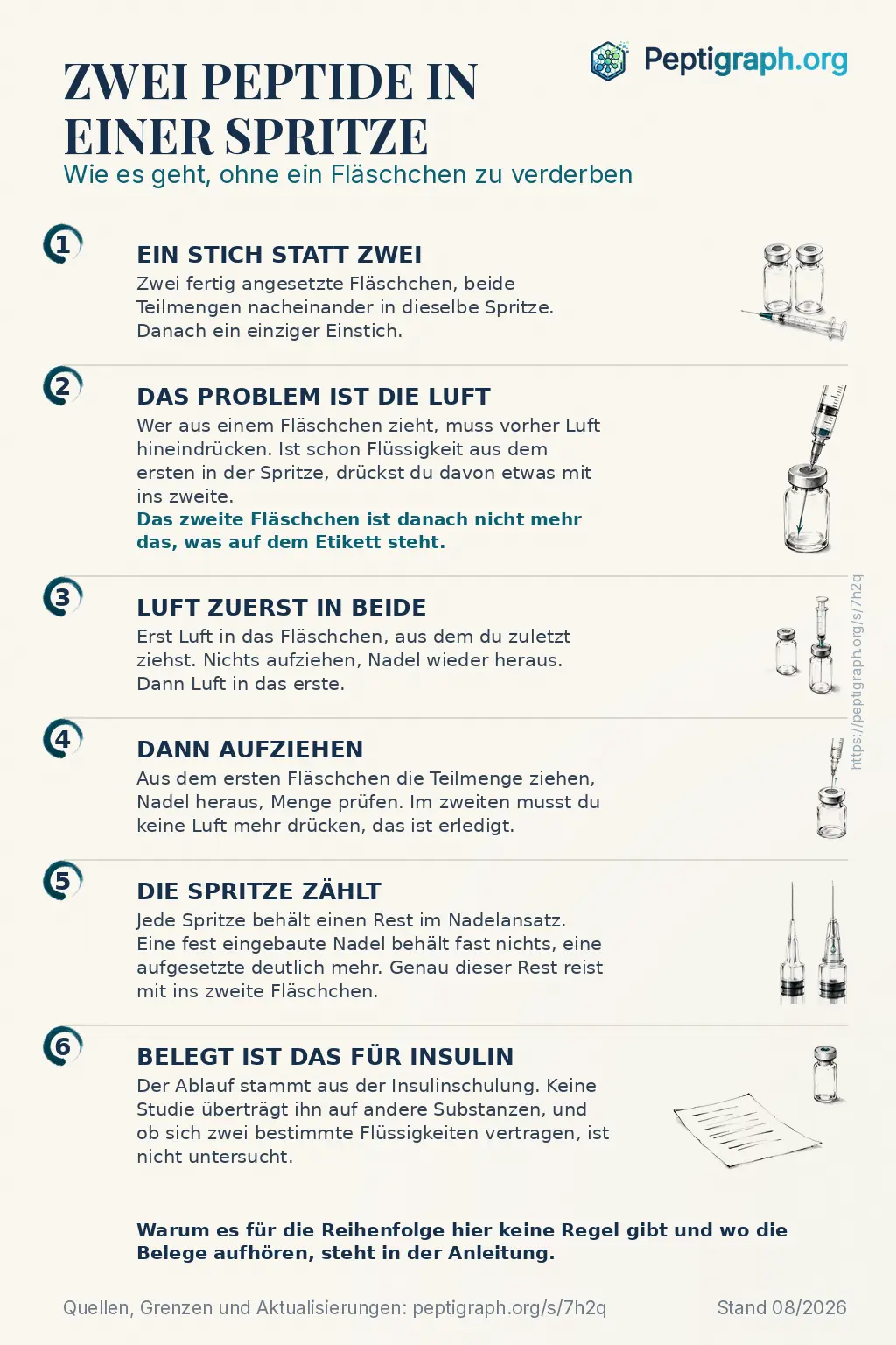 Teilbare Übersicht: zwei Peptide in einer Spritze in sechs Punkten, von einem Einstich statt zwei über den Druckausgleich und die Reihenfolge beim Aufziehen bis dazu, was die Spritze selbst zurückhält und wofür die Belege gelten. Dieselben Punkte stehen ausführlich im Text dieser Seite.