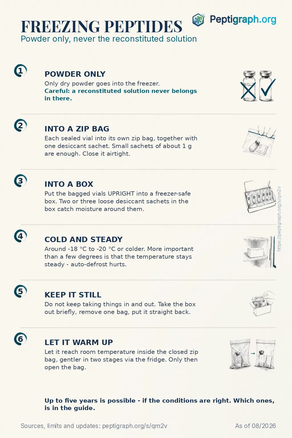 Shareable overview: freezing peptides in six steps, from dry powder through packing to letting it warm up. The same steps are described in full in the text on this page.