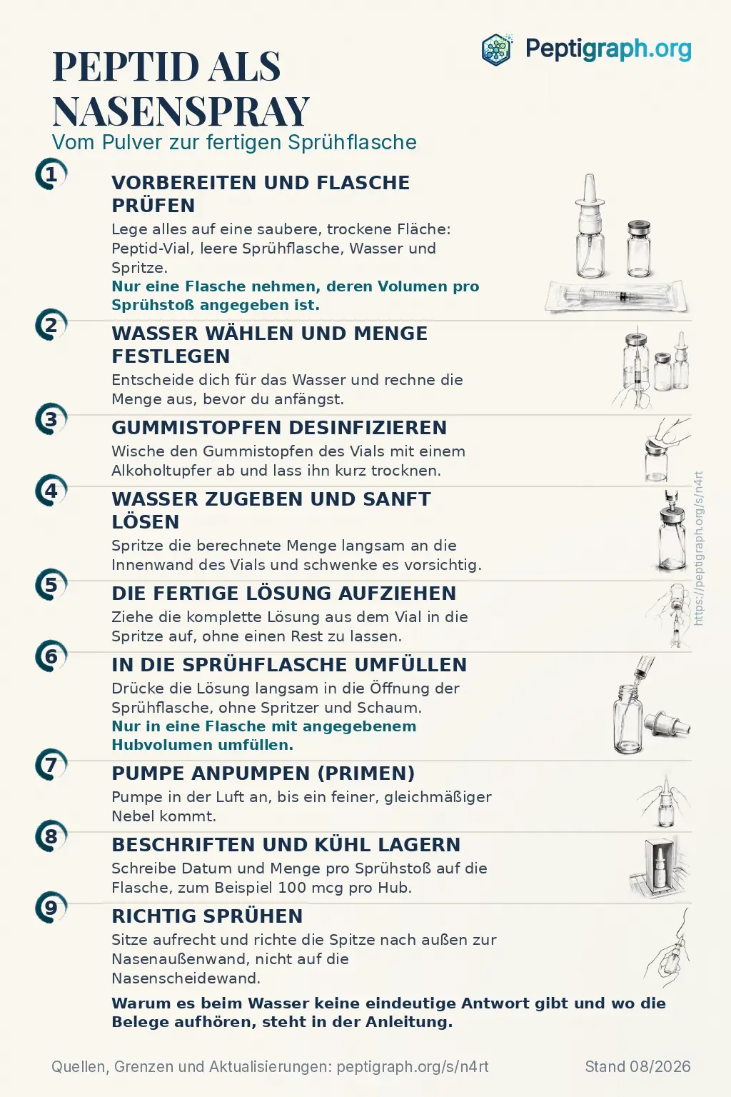 Teilbare Übersicht: vom Peptid-Pulver zum fertigen Nasenspray in neun Schritten, vom Prüfen der Sprühflasche über die Wahl des Wassers und die Menge pro Sprühstoß bis zum Anpumpen, Beschriften und Sprühen. Dieselben Schritte stehen ausführlich im Text dieser Seite.