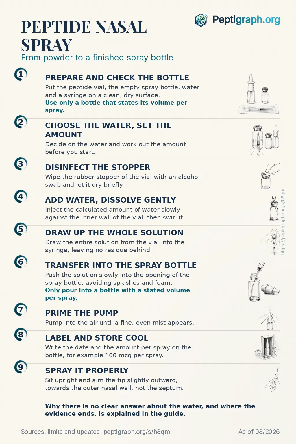 Shareable overview: from peptide powder to a finished nasal spray in nine steps, from checking the spray bottle through the choice of water and the amount per spray to priming, labelling and spraying. The same steps are covered in detail in the text of this page.
