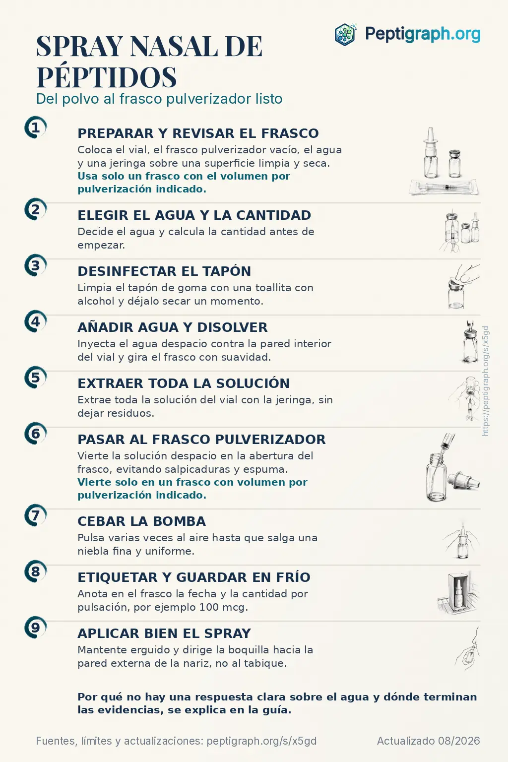 Resumen para compartir: del polvo de péptido al spray nasal terminado en nueve pasos, desde la revisión del frasco y la elección del agua hasta la cantidad por pulsación, el cebado, el etiquetado y la aplicación. Los mismos pasos se explican en detalle en el texto de esta página.