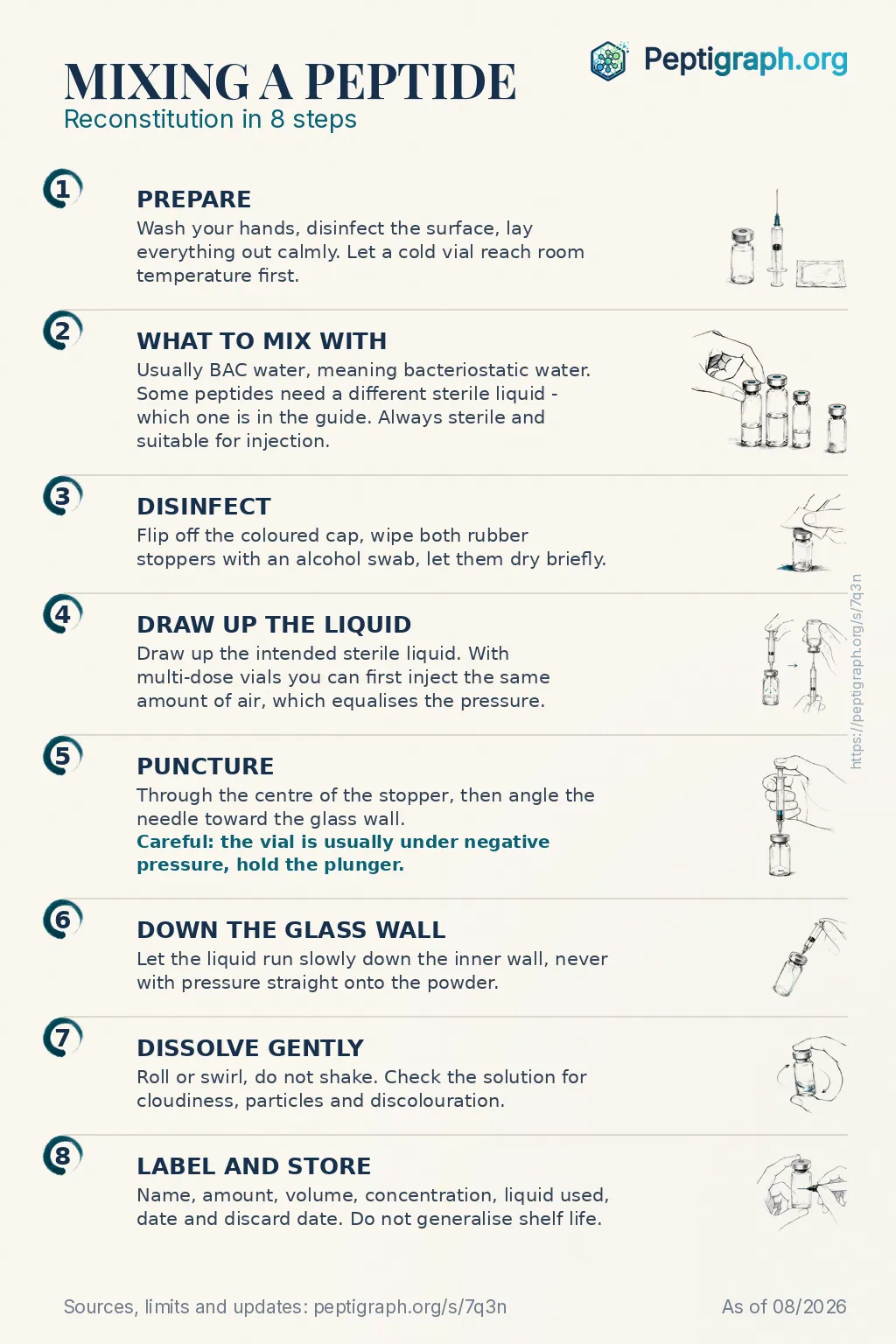 Shareable overview: mixing a peptide in eight steps, from preparation to labelling and storage. The same steps are described in full in the text on this page.